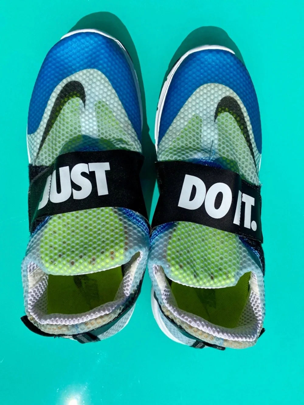 Nike Blue, Green & Black Slip-On Athletic Sneakers with 'JUST DO IT' Strap - Picture 3 of 3